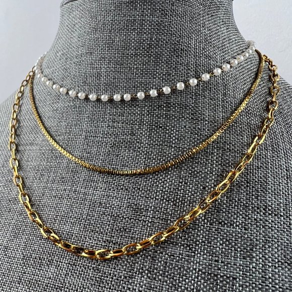 3 Layer Pearl Necklace Three Layer Pearl Necklace Gold Layered Chain Necklace - Picture 5 of 13